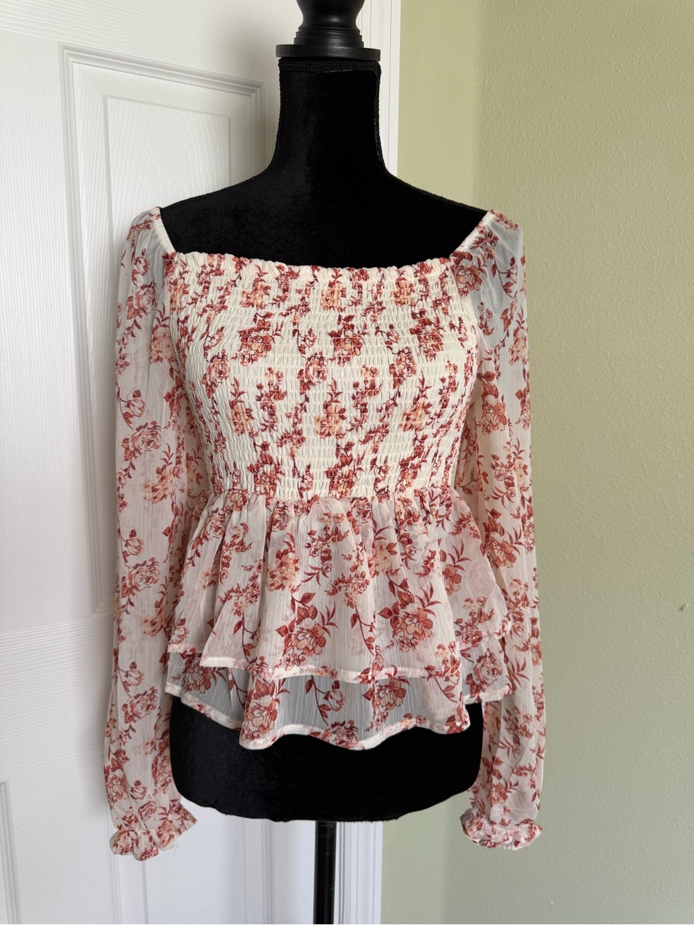 Discreet White Peplum Smocked Long-Sleeve Blouse with Rust Floral